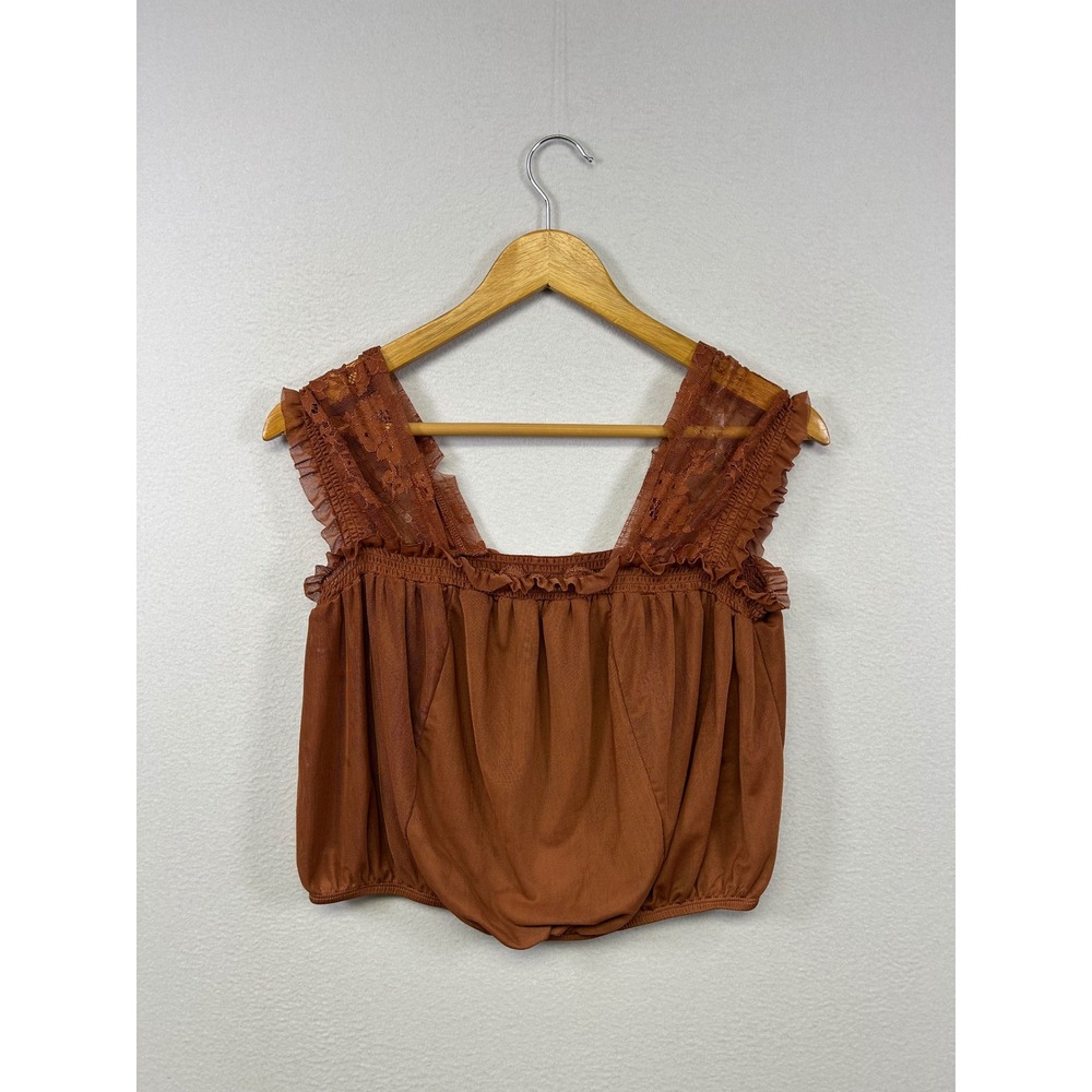 Boho Cottagecore Belle du Jour Womens Small Rust Brown Lace Mesh Ruffle Crop Top